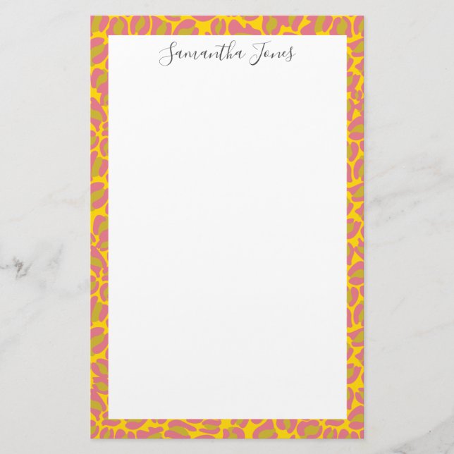 Yellow Pink Leopard print | Personalised Stationery (Front)