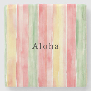 Yellow Pink Mint Stripes Aloha Stone Coaster