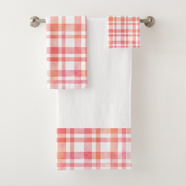 Yellow Pink Orange Watercolor Plaid Bath Towel Set (Insitu)
