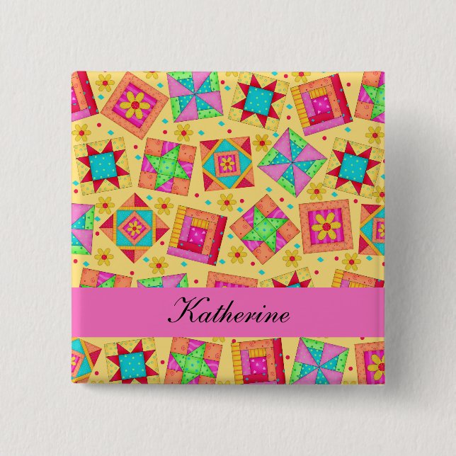 Yellow Pink Patchwork Quilt Blocks Name Badge (Front)