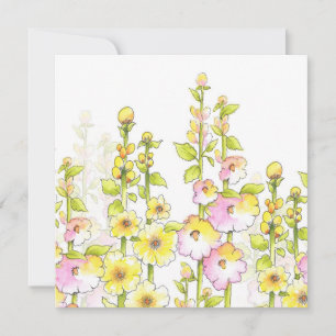 Yellow Pink Pen & Watercolor Field of Hollyhocks Card