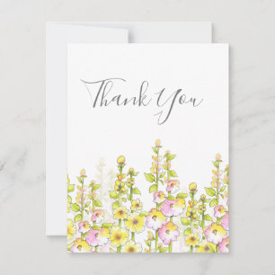 Yellow Pink Pen & Watercolor Field of Hollyhocks Thank You Card