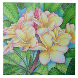 Yellow Pink Plumeria Ceramic Tile