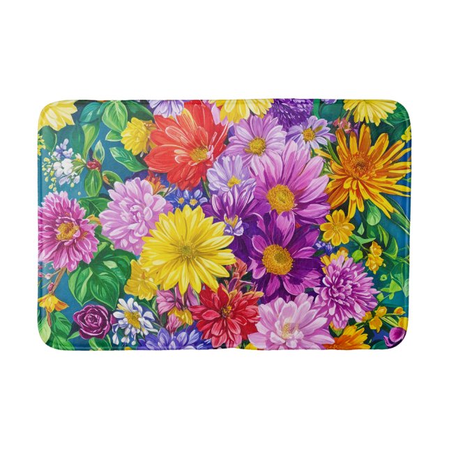 Yellow Pink Red Blue Green Garden Flowers Pattern Bath Mat (Front)