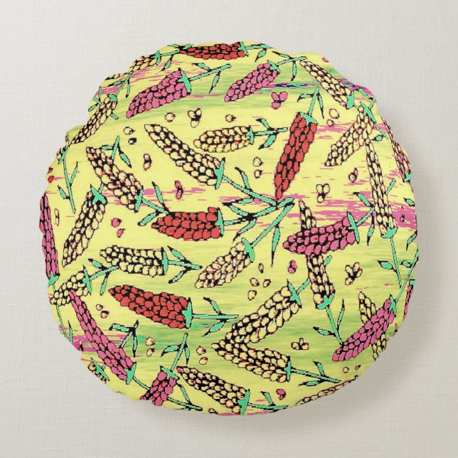 yellow, pink & red pattern round cushion (Front)