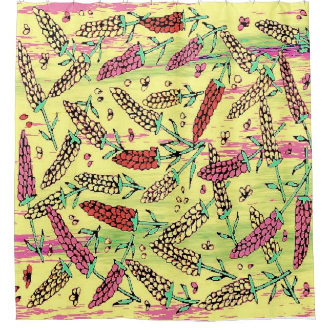 yellow, pink & red pattern shower curtain (Front)