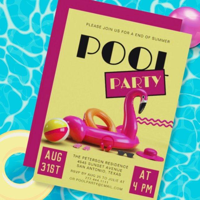 Yellow Pink Retro Pool Party  Invitation (Creator Uploaded)