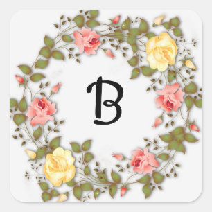 Yellow & Pink Rose Monogram Pattern Square Sticker