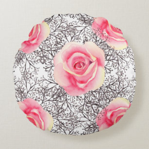 Yellow Pink Rose Print Round Pillow