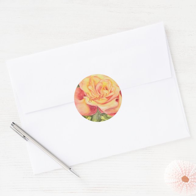 Yellow Pink Rose Watercolor Floral Classic Round Sticker (Envelope)