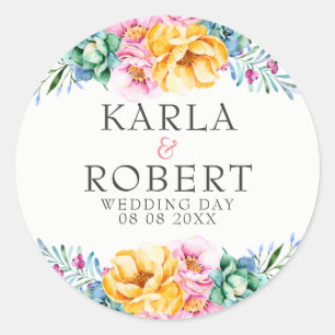 Yellow & Pink Roses Floral Wedding Bouquet Classic Round Sticker