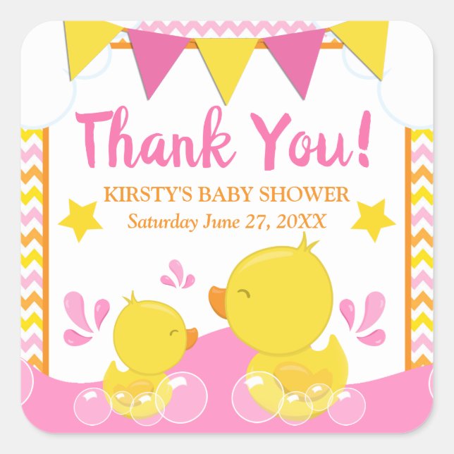 Yellow & Pink Rubber Ducky Polka Dot Baby Shower Square Sticker (Front)