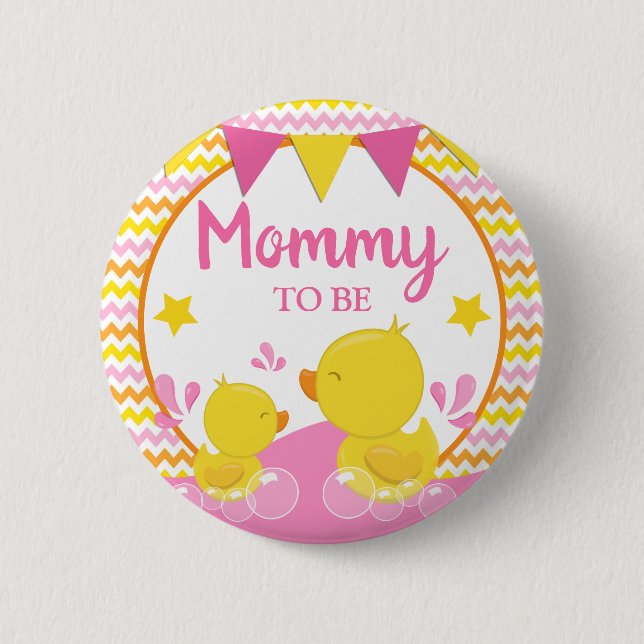 Yellow & Pink Rubber Ducky Polka Dot Mummy to be 6 Cm Round Badge (Front)