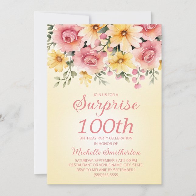 Yellow Pink Springtime Floral Surprise 100th  Invitation (Front)