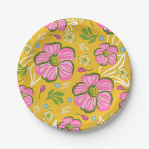 Yellow Pink Summer Party Flower Garden Paper Plate