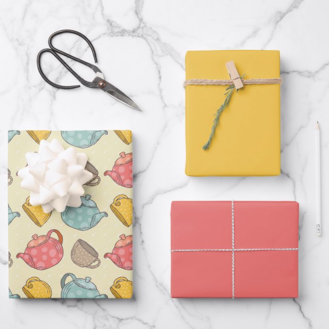 Yellow Pink Teapot And Cup Pattern Wrapping Paper Sheet (Front)