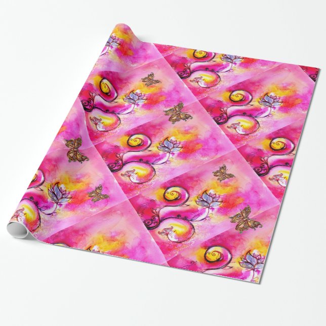 YELLOW PINK WHIMSICAL FLOWERS,GOLD BUTTERFLIES WRAPPING PAPER (Unrolled)