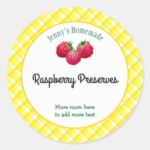 Yellow Plaid Checks Editable Raspberry Recipe Classic Round Sticker