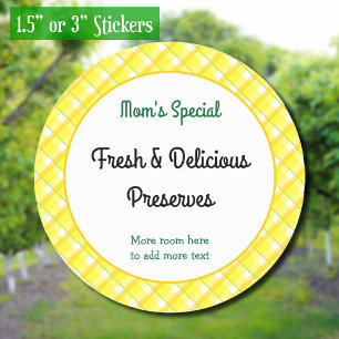 Yellow Plaid Checks Editable Retro Canning Classic Round Sticker
