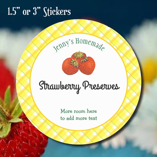 Yellow Plaid Checks Editable Strawbery Recipe Classic Round Sticker (strawberry preserves canning sticker)
