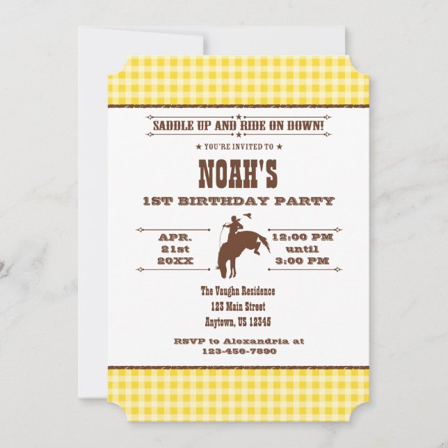 Yellow Plaid Cowboy Rodeo Birthday Invitation (Front)