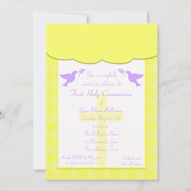 Yellow Plaid First Holy Communion Invitation (Front)