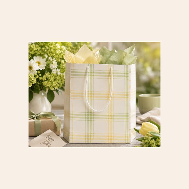Yellow Plaid Gift Bag for Spring, Summer, Fall  (Elegant yellow plaid gift bag with sage green accents for birthdays, showers and spring gifts.)