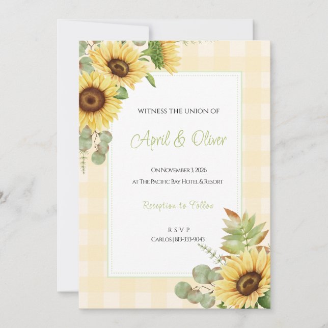 Yellow Plaid Sunflower Wedding Invitation (Front)