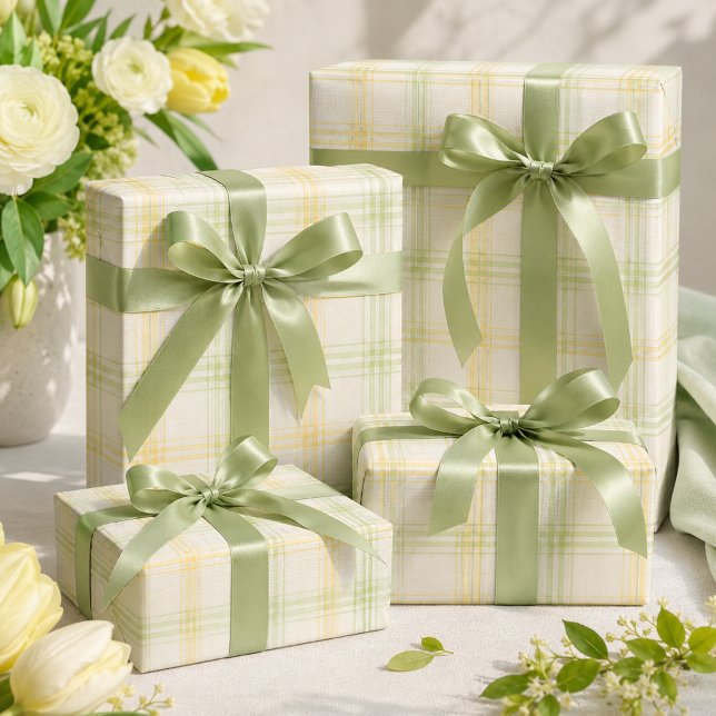Yellow Plaid Wrapping Paper Roll | Gift Wrap (Pastel yellow plaid gifts with shiny sage ribbons, styled for elegant spring and everyday gifting.)