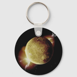 yellow planet 3d illustration in universe key ring