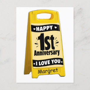Yellow plastic floor sign happy 1st anniversary  postcard