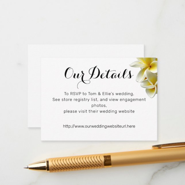 Yellow Plumeria Flowers Wedding Details Enclosure Card (Front/Back In Situ)