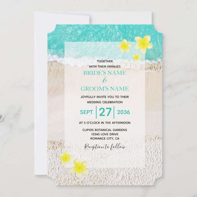Yellow Plumeria Frangipani Tropical Beach Wedding Invitation (Front)