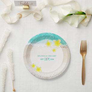 Yellow Plumeria Frangipani Tropical Beach Wedding  Paper Plate