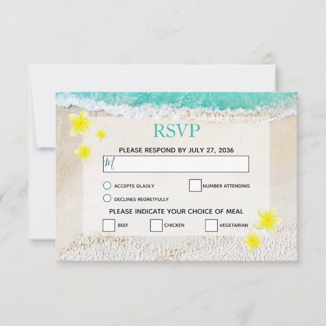 Yellow Plumeria Frangipani Tropical Beach Wedding RSVP Card (Front)