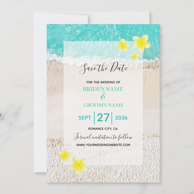 Yellow Plumeria Frangipani Tropical Beach Wedding Save The Date (Front)