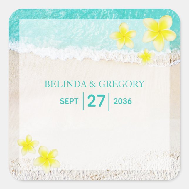 Yellow Plumeria Frangipani Tropical Beach Wedding Square Sticker (Front)
