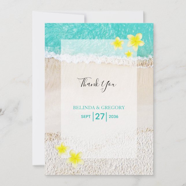 Yellow Plumeria Frangipani Tropical Beach Wedding Thank You Card (Front)