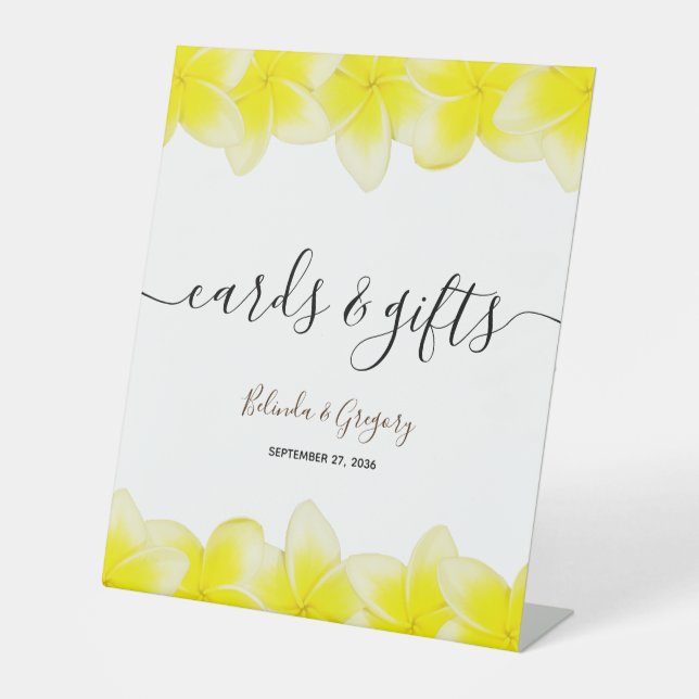 Yellow Plumeria Frangipani Wedding Cards & Gifts Pedestal Sign (Front)