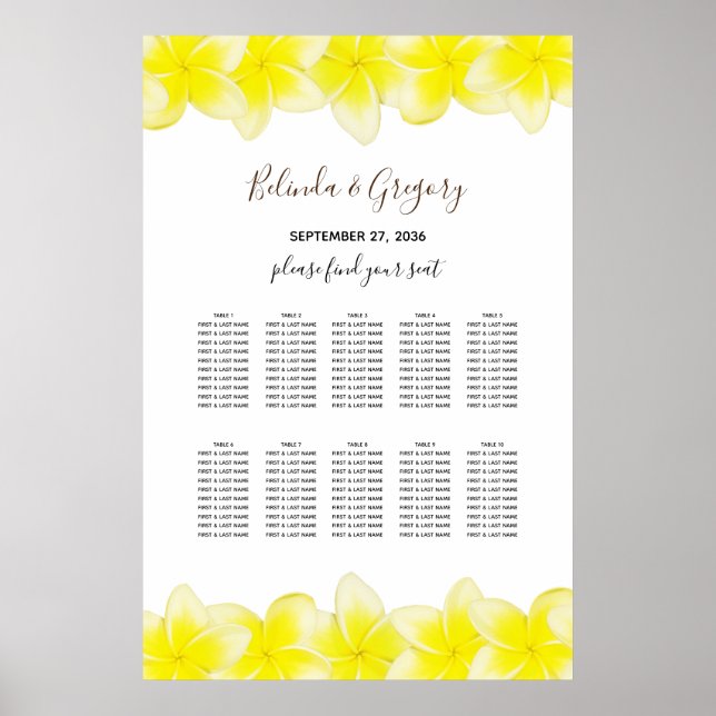 Yellow Plumeria Frangipani Wedding Seating Chart (Front)