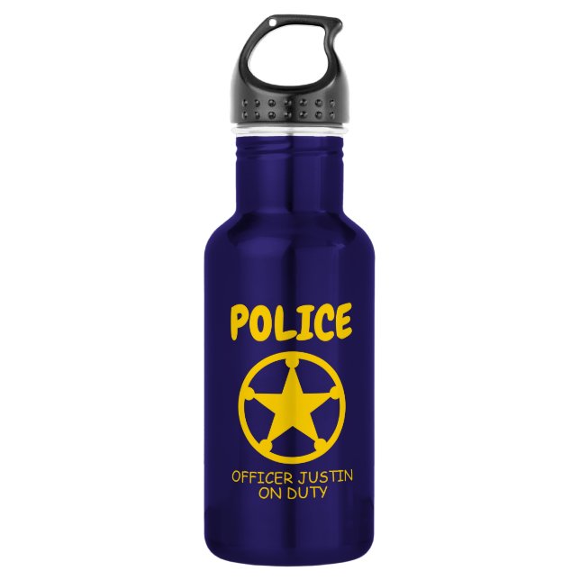 Yellow police star personalised kid's water bottle (Front)