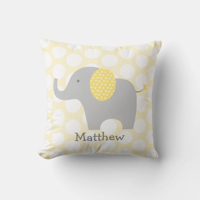 Yellow Polka Dot Elephant Nursery Cushion (Front)