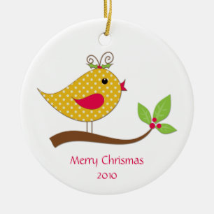 Yellow Polka Dot Love Bird on Branch Ceramic Tree Decoration