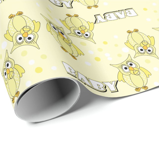 Yellow Polka Dot Owl Baby Shower Theme Wrapping Paper (Roll Corner)