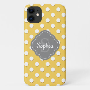 Yellow Polka Dot Pattern Grey Monogram iPhone 11 Case