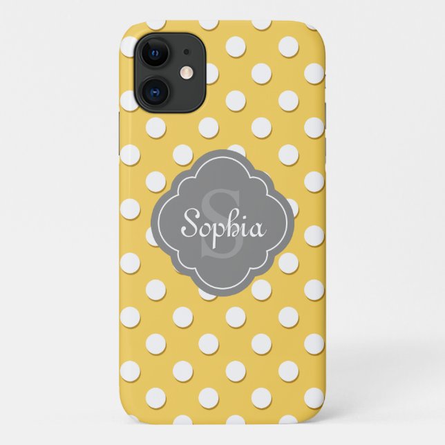 Yellow Polka Dot Pattern Grey Monogram Case-Mate iPhone Case (Back)