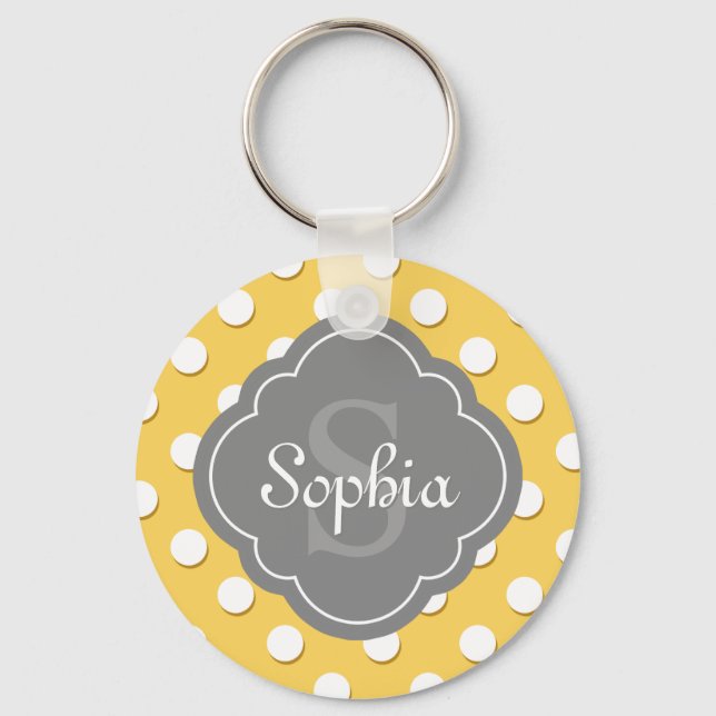 Yellow Polka Dot Pattern Grey Monogram Key Ring (Front)