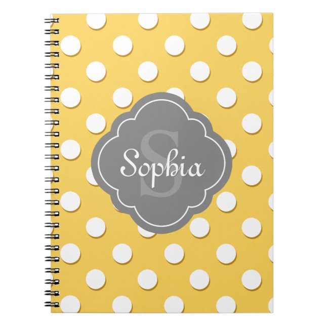 Yellow Polka Dot Pattern Grey Monogram Notebook (Front)
