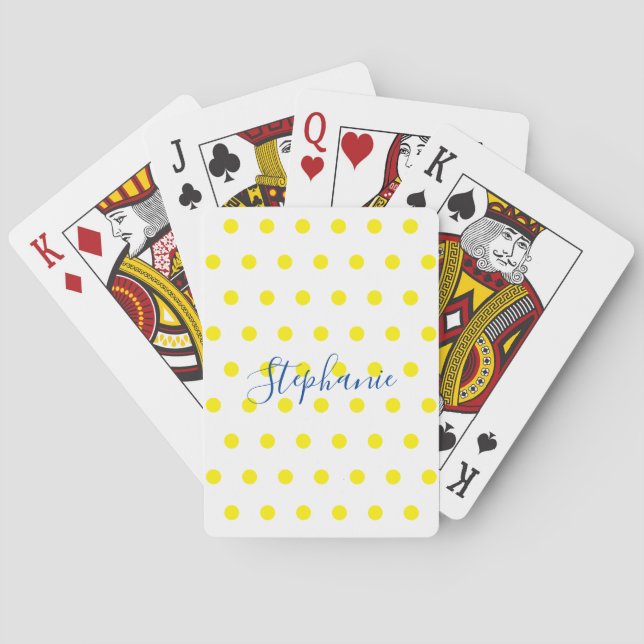 Yellow Polka Dots Blue Monogram Cute Modern Playing Cards (Back)
