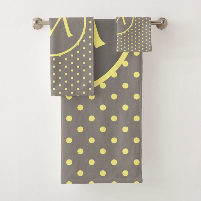 Yellow polka dots monogrammed grey bath towel set (Insitu)